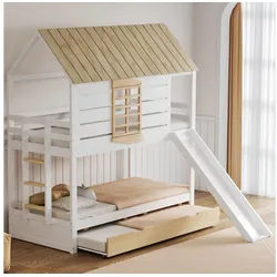 Celya Etagenbett 90X200 Haus-Etagenbett mit Rutsche (mit Ausziehbett), Weiß+Natural