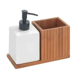 WENKO Spülmittelspender mit Utensilienhalter Mera, Bambus, Praktische Spülstation aus geräuchertem Bambus, 1 Stück