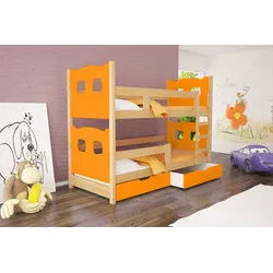 thematys Hochbett Etagenbett optional mit Ausziehbett + Inklusive Matratzen 180x80cm (MADE IN EU-Kinderbett für Jungen und Mädchen, in Weiß, Grau, Natur, Rosa, Grün oder Blau, inklusive Lattenroste - Aus Kiefernholz und MDF Platten gefertigt) mit zwei Schubladen orange