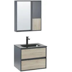 Beliani Badmöbel Set grau/heller Holzfarbton 60 cm Teruel , Hellbraun, Grau , Holzwerkstoff , 60x70x48 cm , Badezimmer, Badmöbelsets & Badmöbelserien, Badmöbel-Sets