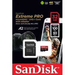 Sandisk microSDXC Card 32GB, Extreme PRO, U3, A1, 4K UHD (R) 100MB/s, (W) 90MB/s, SD Adapter, Retail-Blister