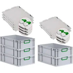 PROREGAL 5x Eurobox NextGen Color mit Scharnierdeckel & Verschlüssen | HxBxT 17x40x60cm | 34 Liter | Griffe grün geschlossen | Glatter Boden