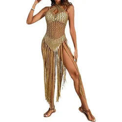 AUKUU Strandkleid Sexy Badeanzug Überkleid Set, gekreuzter Kragen Fransenrock Netzauge Lochmuster Strand-Überkleid M