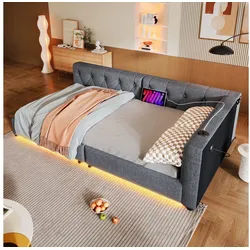 STILVORA Schlafsofa 90x200 mit LED-Licht,Tagesbett Daybett mit USB&TYPE-C,Leinen,Beige grau