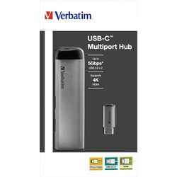 Verbatim Hub, USB 3.1-C, Multiport 2x USB 3.0, HDMI 4K Power Charge, USB-C Kabel, 15cm, Retail