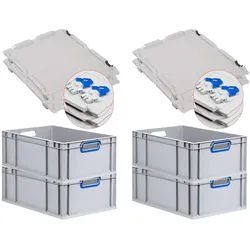 PROREGAL 4x Eurobox NextGen Color mit Scharnierdeckel & Verschlüssen | HxBxT 22x40x60cm | 44 Liter | Griffe blau offen | Verstärkter Boden