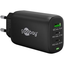 Goobay USB-CTM PD 3-fach Multiport-Schnellladegerät (65 W) schwarz - 2x USB-CTM-Anschlüsse (Power Delivery) und 1x USB-A-Anschluss (Quick Charge) - schwarz