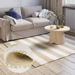 Teppich "Karim", beige (beige, weiß), B:120cm H:10mm L:170cm, Baumwolle, Polyester, MYFLAIR MÖBEL & ACCESSOIRES, Teppiche, Teppich, Handweb Teppich, gestreift, 90% Baumwolle, handgewebt, mit Fransen