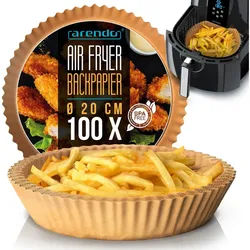 Arendo Backpapier rund für Heißluftfritteuse 4,7 - 7,5 L, 100 St., 20 x 4,5 cm, Antihaft, ungebleicht, wasser & ölbeständig, Airfryer Zubehör, Ofen, Mikrowelle braun