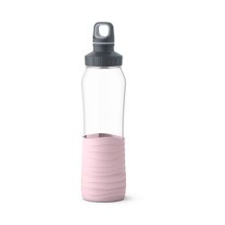 EMSA Drink2Go Trinkflasche Glas, 0,7 Liter, Formschöne Wasserflasche aus gehärtetem Glas und trendiger Wellenmanschette, 1 Trinkflasche, Farbe: Rosa