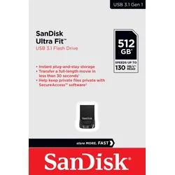 Sandisk USB 3.1 Stick 512GB, Ultra Fit Typ-A, (R) 130MB/s, (W) 60MB/s, AES-128-Bit, Retail-Blister