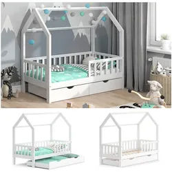 VitaliSpa Kinderbett Hausbett Gästebett Wiki Weiß 80x160cm Schublade Lattenrost