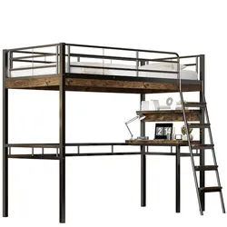 Okwish Hochbett 90/200 cm Schwarz mit Schreibtisch und Regalen aus Metall , 90x200 cm , Babymöbel & Kindermöbel, Kinderzimmer & Jugendzimmer, Kinderbetten, Hochbetten