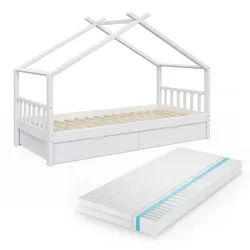 VitaliSpa Hausbett Design Weiß 90x200 cm mit 2 Schubladen und Matratze , Holz , 90x200 cm , Kinder- & Jugendzimmer, Kindermöbel, Kinderbetten, Hausbetten