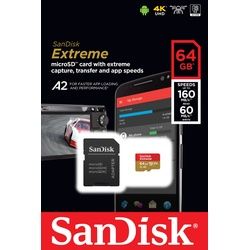 Sandisk microSDXC Card 64GB, Extreme, U3, A2, 4K UHD (R) 160MB/s, (W) 60MB/s, SD Adapter, Retail-Blister