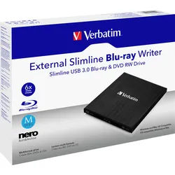 Verbatim Blu-ray Recorder, USB 3.0, 6x/8x/24x, Slimline Portable, schwarz, BDXL, M-DISC, Software, Retail