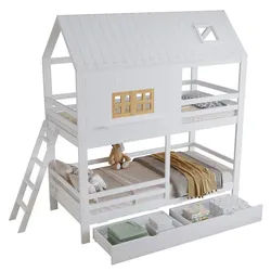 Okwish Etagenbett 90/200 cm weiß und natur aus Kiefer mit Fenster und Dach , Weiß , Holz , 90x200 cm , Babymöbel & Kindermöbel, Kinderzimmer & Jugendzimmer, Stockbetten