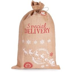 BRUBAKER Aufbewahrungstasche Weihnachtssack Special Delivery Weihnachtsmann mit Schlitten (Jutesack, 2-tlg., Weihnachten), Nikolaussack Jutebeutel Sack mit Kordel zum Verpacken von Geschenken braun