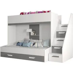 Abiks Möbel Etagenbett 90/200 cm , Weiß, Grau , Holz , Nachbildung , 90x200 cm , Babymöbel & Kindermöbel, Kinderzimmer & Jugendzimmer, Stockbetten