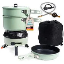 Skandika Gaskocher Campingkocher Rask, mit Geschirr, Topf und Pfanne, Piezozündung, (gepolsterten Netzbeutel, Kocher mit einklappbaren Füßen), Camping Kocher Hybrid, 2 in 1 Betrieb mit Strom oder Gas grün