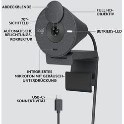 Logitech Brio 300 Full HD Webcam - GRAPHITE, USB-C Anschluss, Integriertes Mikrofon, Abdeckblende, Monitor-/Notebook-Halterung