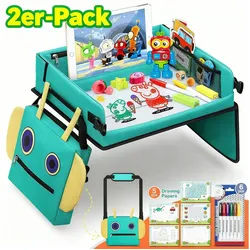 POPOLIC Spieltisch 2 In 1 Kinder Reisetisch 5 Pädagogische Zeichenpapiere, 6 Farbstifte, (Roboter-Rucksack Abnehmbarer Multifunktionaler, Auto Kinder Knietablett Reisetisch Reise Outdoor Indoor, 2-tlg) grün