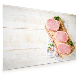 Primedeco Küchenrückwand Küchenrückwand Spritzschutz Glas mit Motiv Schweinefleisch auf Holz 60 cm x 40 cm