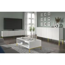 Raumhirsch Furniture Lowboard TV Schrank, RTV Möbel, Wohnmöbel (Maße 200 x 42 x 56 (H) cm, 4 Türen), Push to Open System, gefräste Fronten, Metallfüße weiß