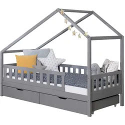 Mid.you Hausbett , Hellgrau , Holz , Birke , Schichtholz,massiv , 120x200 cm , nur für Rollroste geeignet, bodentiefer Einstieg , Babymöbel & Kindermöbel, Kinderzimmer & Jugendzimmer, Kinderbetten, Spielbetten