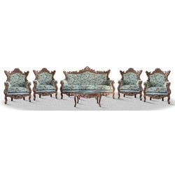 Casa Padrino Barock Sofa Set 3er Sofa 4 Sessel und Tisch mit Glasplatte - Antik Sofa Set