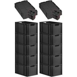 PROREGAL SuperSparSet 10x Eurobox NextGen Color mit Scharnierdeckel & Verschlüssen, HxBxT 32x40x60cm, 65L, Schwarz, Griffe schwarz offen, Eurobehälter