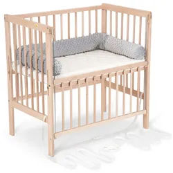 FabiMax Beistellbett Flex Natur, Buche massiv, 90 x 55 cm Liegefläche, 2in1, Beistellbett und Stubenbettchen in Einem, innovatives Seitenteil grau
