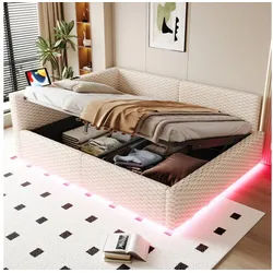 STILVORA Polsterbett 140x200 mit Matratze Schlafsofa mit LED L-förmiger weicher Rückenlehne (Tape-C und zwei USB-Anschlüssen, Hydraulischem Bettgestell, Struraumbett, Funktionsbett,Großzügiges Stauraumvolumen,Samtstoff), für Wohnzimmer, Kinderzimmer und kleine Wohnungen beige