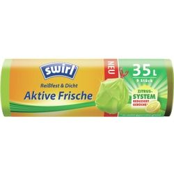 Swirl® Müllbeutel Reißfest, Aktive Frische, 35 Liter, Abfallbeutel mit leicht zitronigem Duft gegen unangenehme Gerüche, 1 Karton = 12 Rollen á 9 Beutel