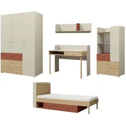Deine Möbel 24 Jugendzimmer-Set Yogi A 5-teilig in Graubeige / Geölte Eiche / Koralle , Greige, Eichefarben, Koralle , Holzwerkstoff , 417x185x217 cm , Babymöbel & Kindermöbel, Kinderzimmer & Jugendzimmer, komplette Jugendzimmer