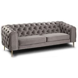 Casa Padrino Chesterfield-Sofa Luxus Chesterfield 3er Sofa Grau / Messingfarben 217 x 95 x H. 80 cm - Modernes Wohnzimmer Sofa - Chesterfield Wohnzimmer Möbel