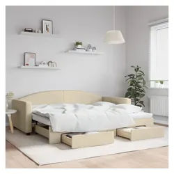 vidaXL Bett, Tagesbett Ausziehbar mit Schubladen Creme 90x200 cm Stoff