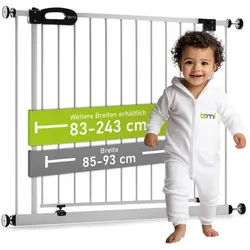 BOMI Türschutzgitter Treppenschutzgitter ohne Bohren, Absperrgitter Metall, Merle 83-243 cm (verschiedene Größen, klemm- & verschraubbar, Kinderschutzgitter mit Feststellfunktion), Automatik-Tür & 3-fach Sicherheitsverschluss, weiß, Baby + Kleinkind weiß 85 cm x 77 cm