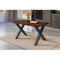 SAM® Baumkantentisch Niklas, massives Akazienholz, Baumkante, Metallgestell X-Form, bis 3m braun 80 cm x 77 cm x 80 cm