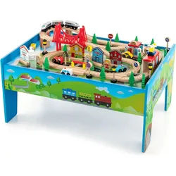 80-teiliges Kinder Eisenbahn Set, Spieltisch aus Holz mit umkehrbarer