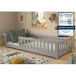 Kids Collective Kinderbett Bodenbett Bett mit Rausfallschutz & Lattenrost Montessori Bett Kinder (Jungen, Mädchen, Kinder, weitere Größen 80x160, 80x180, 90x200, 120x200, 140x200 cm), Jugendbett Gitterbett Einzelbett mit Matratze, Aschgrau 90x190 cm grau