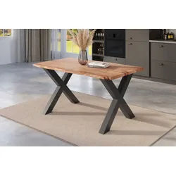 SAM® Baumkantentisch Niklas, massives Akazienholz, Baumkante, Metallgestell X-Form, bis 3m beige 140 cm x 77 cm x 80 cm