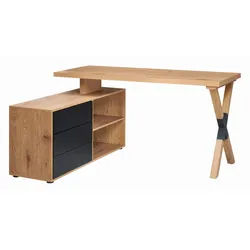 Mid.you Eckschreibtisch , Schwarz, Eichefarben , Metall, Holzwerkstoff , 3 Schublade(n) Schubladen , rechteckig , X-Form , 150x75x120 cm , Bsci , Büromöbel, Schreibtische, Eckschreibtische