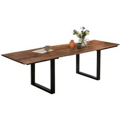 SAM® Baumkantentisch Dian, Baumkante, massives Akazienholz, 2 Ansteckplatten und Metallgestell braun 220 cm x 76 cm x 100 cm