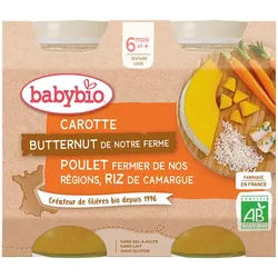 Babybio Menü Karotten, Butternut von unserem Bauernhof, Freilandhühnchen aus unseren Regionen, Reis aus der Camargue