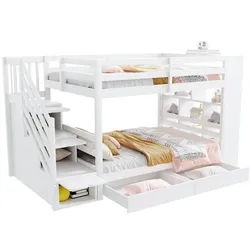 Okwish Etagenbett 90/200 cm weiß mit Sicherheitstreppe und Stauraum , Weiß , Holz , 90x200 cm , Babymöbel & Kindermöbel, Kinderzimmer & Jugendzimmer, Stockbetten