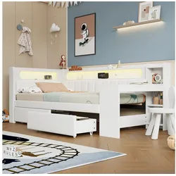 Merax Daybett Schlafsofa mit LED und USB (Kinderbett Jugendbett Sofabett aus Leinen, 1 tlg), Holz Tagesbett 90x200cm mit 2 Schubladen, Ablagefach und Schreibtisch weiß 102.5 cm x 242.5 cm x 93.5 cm