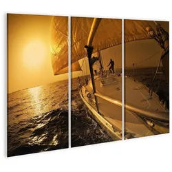 islandburner Leinwandbild Bild auf Leinwand Segelboot Sailing Im Sonnenuntergang Wandbild Poster Kunstdruck Bilder 130x80cm 3-teilig