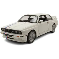 Bburago Modellauto BMW M3 E30 1988 weiß mit Streifen, Maßstab 1:24 weiß
