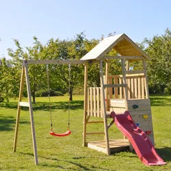 Wendi Toys Kinderspielhaus, Kletterturm "Panda" mit Rutsche, Kletterwand und Schaukel,holz / rot,
